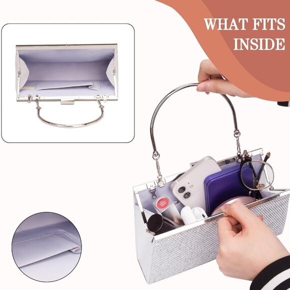 Women's Evening Handbags, Sparkly Top-Handle Rhinestone Purse w/Chain, Fashion D - Picture 4 of 7